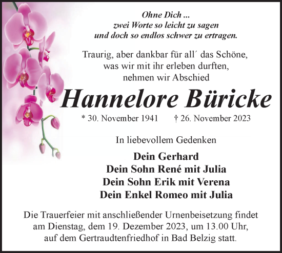 Traueranzeige von Hannelore Büricke von Märkische Oderzeitung