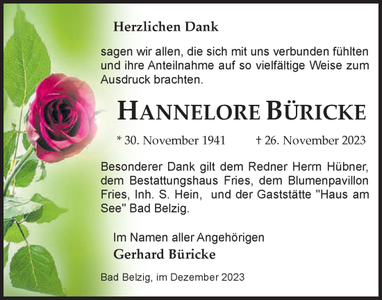 Traueranzeige von Hannelore Büricke von Märkische Oderzeitung