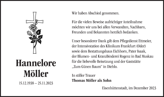 Traueranzeige von Hannelore Möller von Märkische Oderzeitung