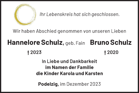 Traueranzeige von Hannelore und Bruno Schulz von Märkische Oderzeitung