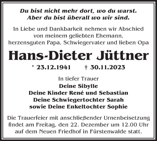 Traueranzeige von Hans-Dieter Jüttner von Märkische Oderzeitung