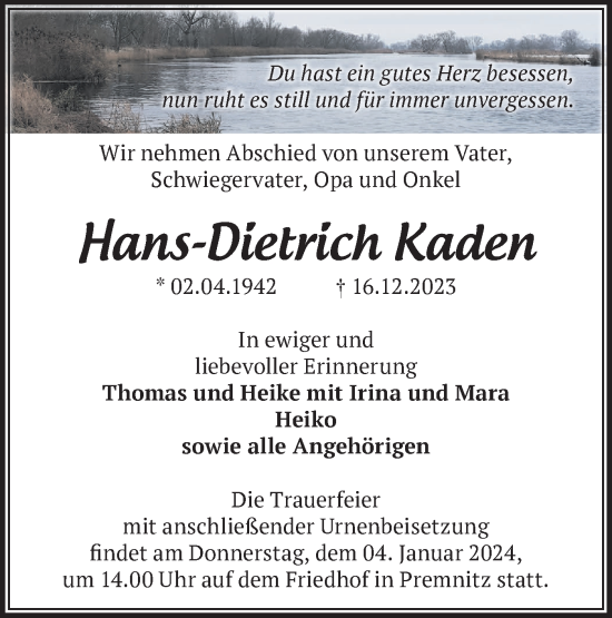 Traueranzeige von Hans-Dietrich Kaden von Märkische Oderzeitung