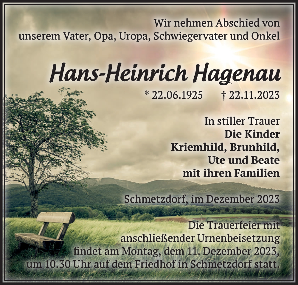  Traueranzeige für Hans-Heinrich Hagenau vom 02.12.2023 aus Märkische Oderzeitung
