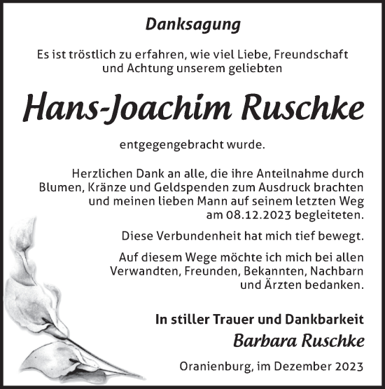 Traueranzeige von Hans-Joachim Ruschke von Märkische Oderzeitung