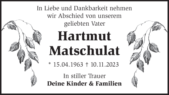 Traueranzeige von Hartmut Matschulat von Märkische Oderzeitung