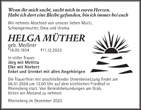 Traueranzeige von Helga Müther von Märkische Oderzeitung