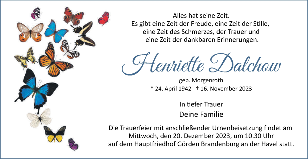  Traueranzeige für Henriette Dalchow vom 02.12.2023 aus Märkische Oderzeitung