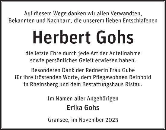 Traueranzeige von Herbert Gohs von Märkische Oderzeitung