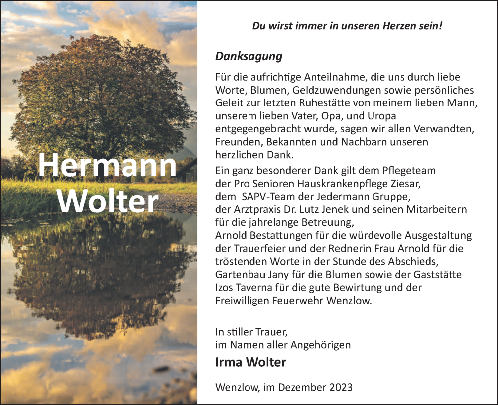  Traueranzeige für Hermann Wolter vom 09.12.2023 aus Märkische Oderzeitung