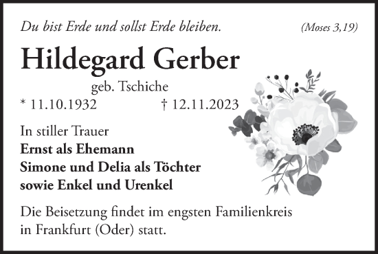 Traueranzeige von Hildegard Gerber von Märkische Oderzeitung