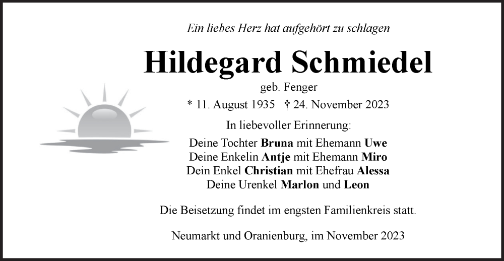  Traueranzeige für Hildegard Schmiedel vom 02.12.2023 aus Märkische Oderzeitung