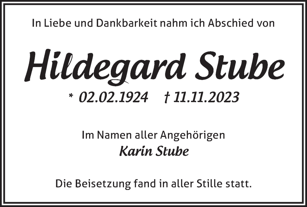  Traueranzeige für Hildegard Stube vom 02.12.2023 aus Märkische Oderzeitung