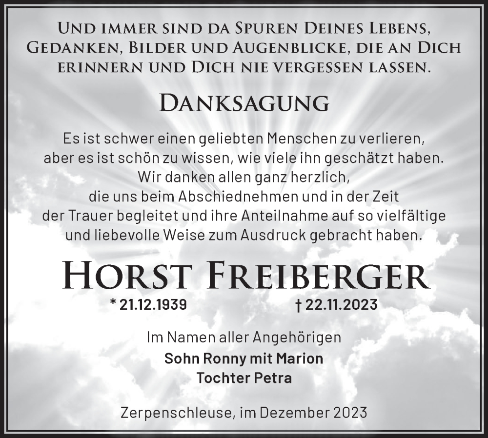  Traueranzeige für Horst Freiberger vom 09.12.2023 aus Märkische Oderzeitung