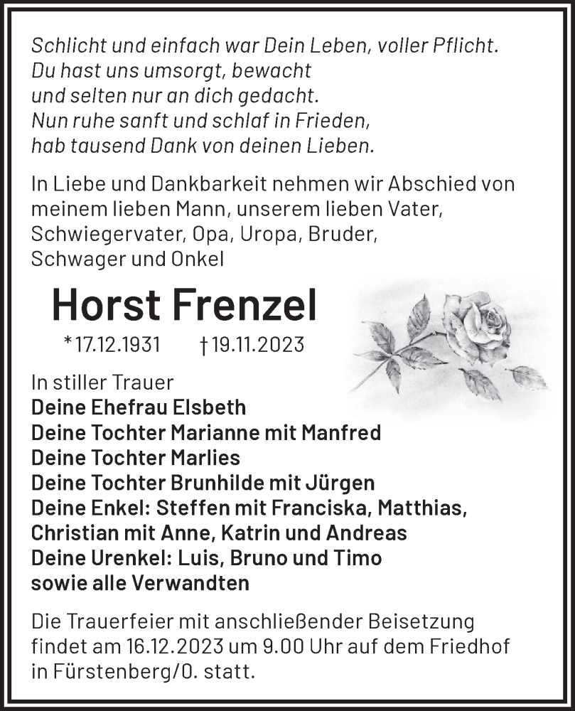  Traueranzeige für Horst Frenzel vom 02.12.2023 aus Märkische Oderzeitung