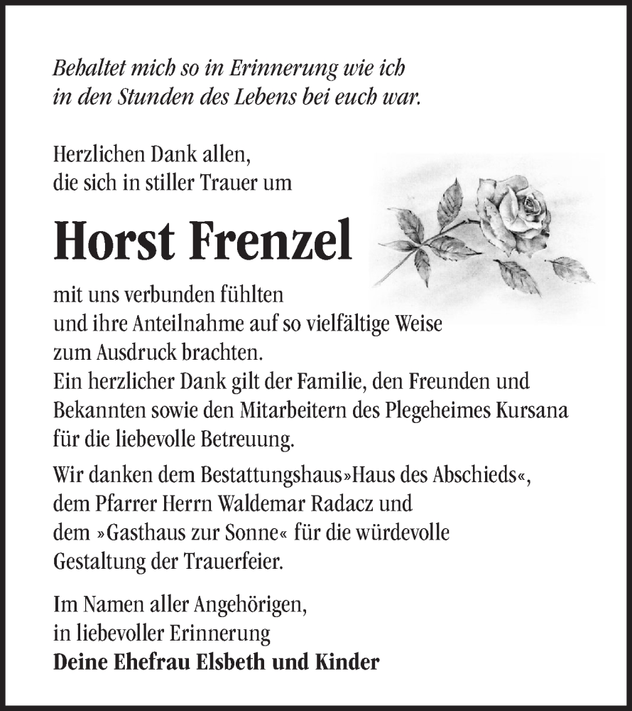  Traueranzeige für Horst Frenzel vom 23.12.2023 aus Märkische Oderzeitung