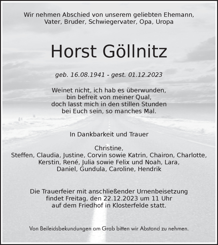  Traueranzeige für Horst Göllnitz vom 08.12.2023 aus Märkische Oderzeitung