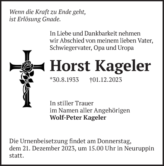 Traueranzeige von Horst Kageler von Märkische Oderzeitung