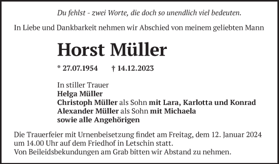 Traueranzeige von Horst Müller von Märkische Oderzeitung