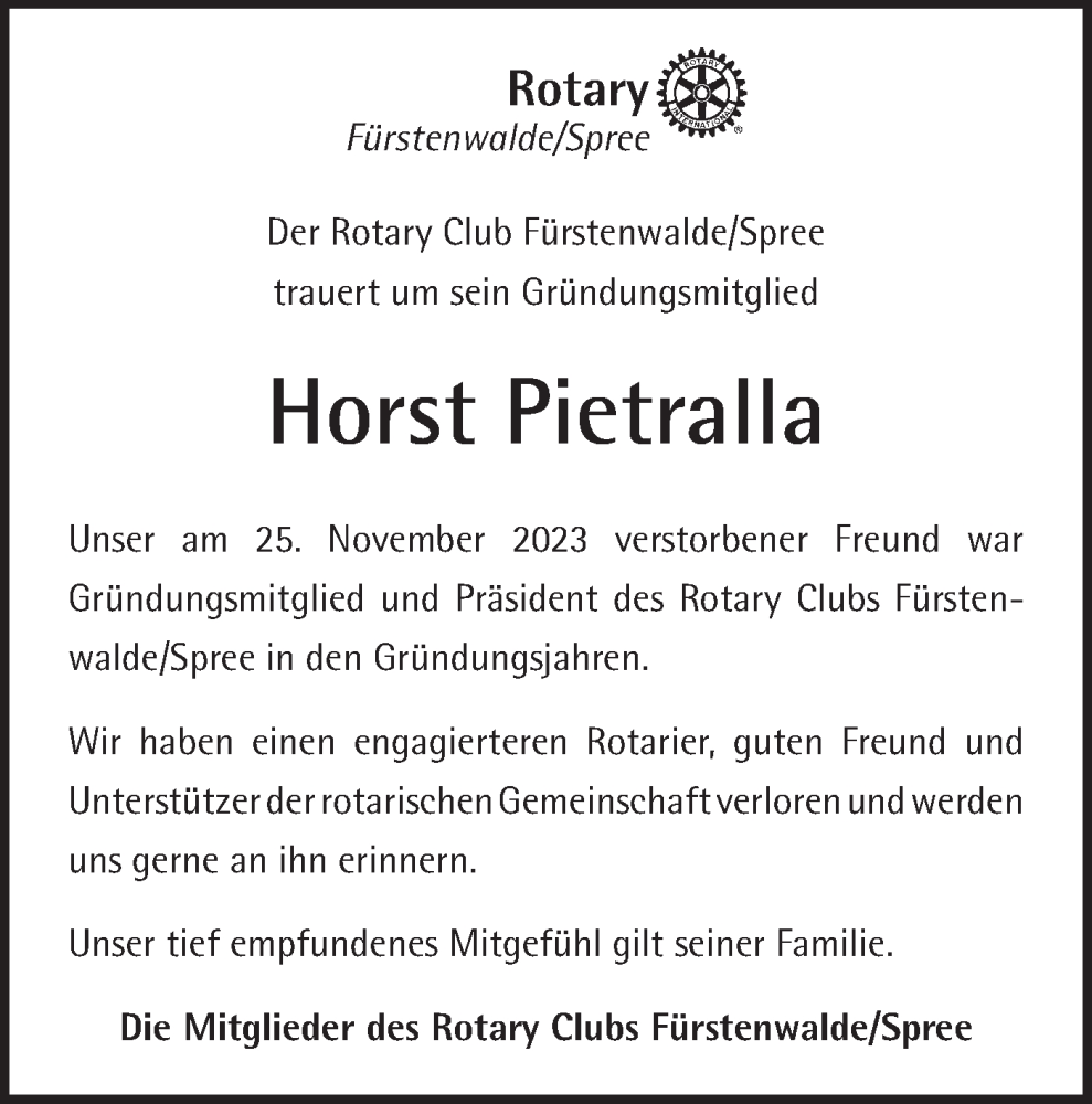  Traueranzeige für Horst Pietralla vom 09.12.2023 aus Märkische Oderzeitung