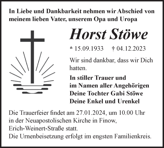 Traueranzeige von Horst Stöwe von Märkische Oderzeitung