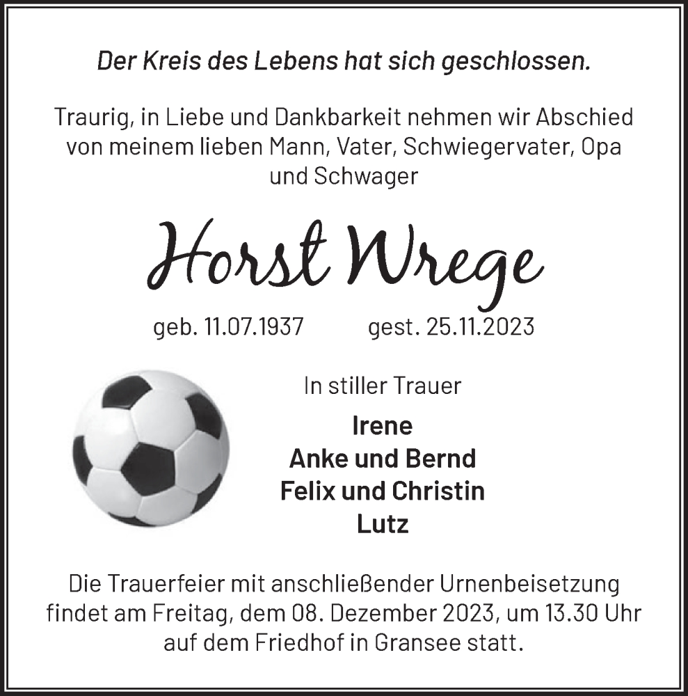  Traueranzeige für Horst Wrege vom 02.12.2023 aus Märkische Oderzeitung