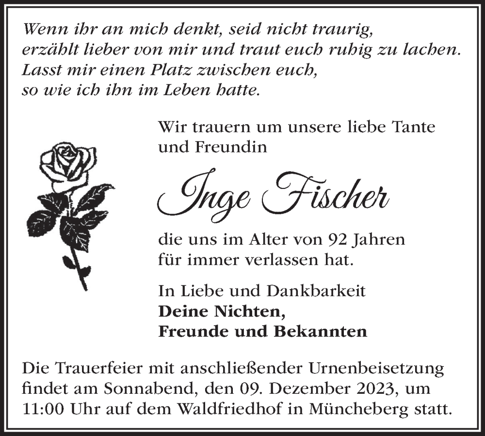  Traueranzeige für Inge Fischer vom 02.12.2023 aus Märkische Oderzeitung