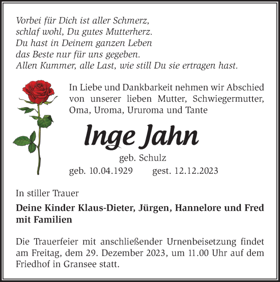 Traueranzeige von Inge Jahn von Märkische Oderzeitung