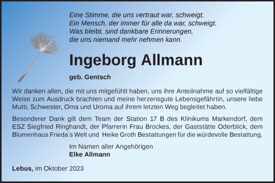 Traueranzeige von Ingeborg Allmann von Märkische Oderzeitung