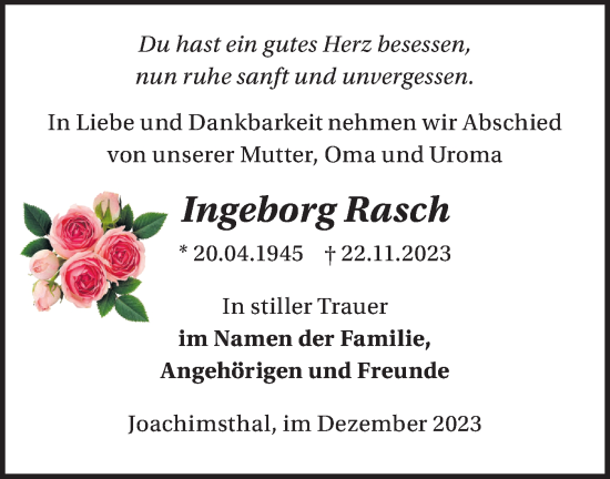 Traueranzeige von Ingeborg Rasch von Märkische Oderzeitung