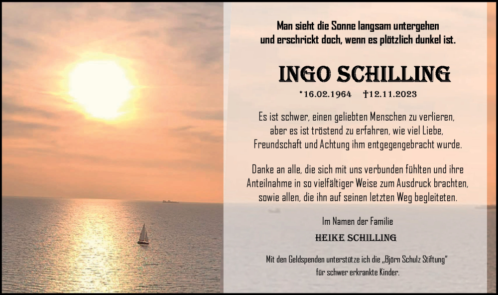  Traueranzeige für Ingo Schilling vom 16.12.2023 aus Märkische Oderzeitung