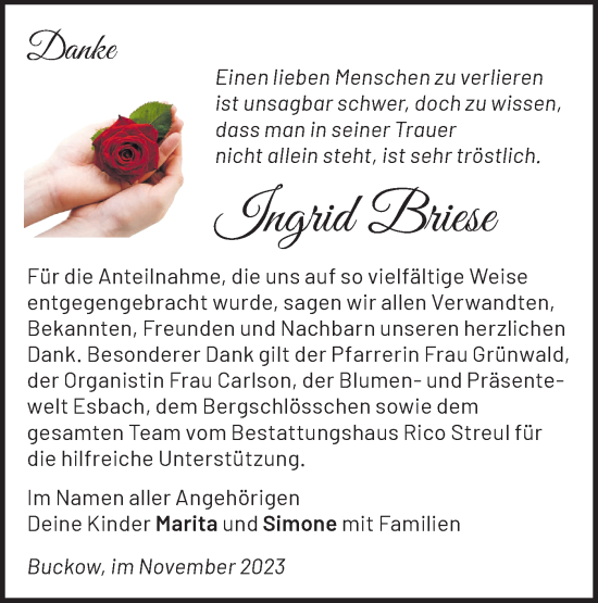 Traueranzeige von Ingrid Briese von Märkische Oderzeitung