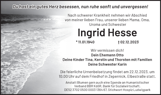 Traueranzeige von Ingrid Hesse von Märkische Oderzeitung