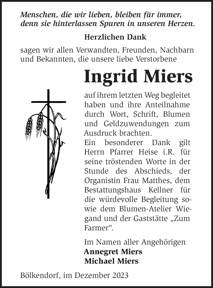  Traueranzeige für Ingrid Miers vom 15.12.2023 aus Märkische Oderzeitung