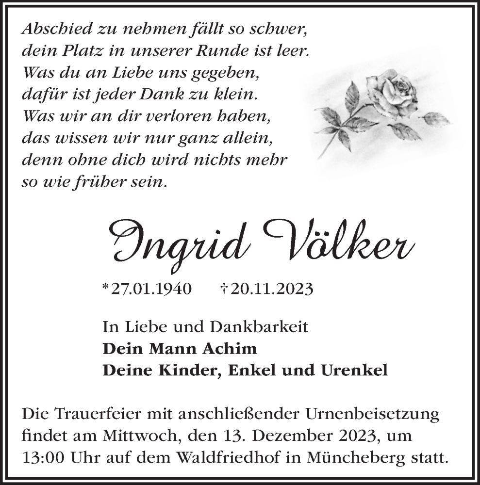  Traueranzeige für Ingrid Völker vom 02.12.2023 aus Märkische Oderzeitung