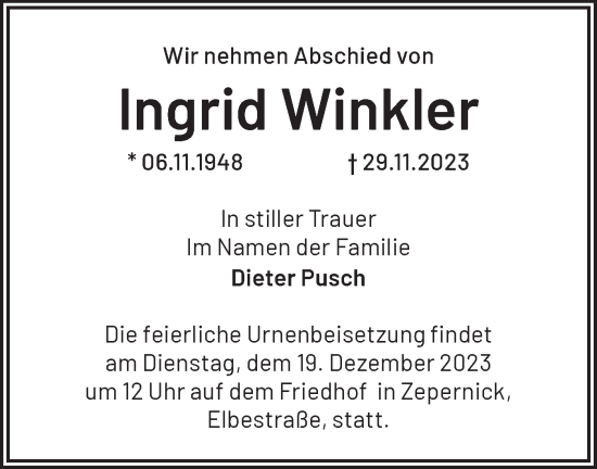 Traueranzeige von Ingrid Winkler von Märkische Oderzeitung