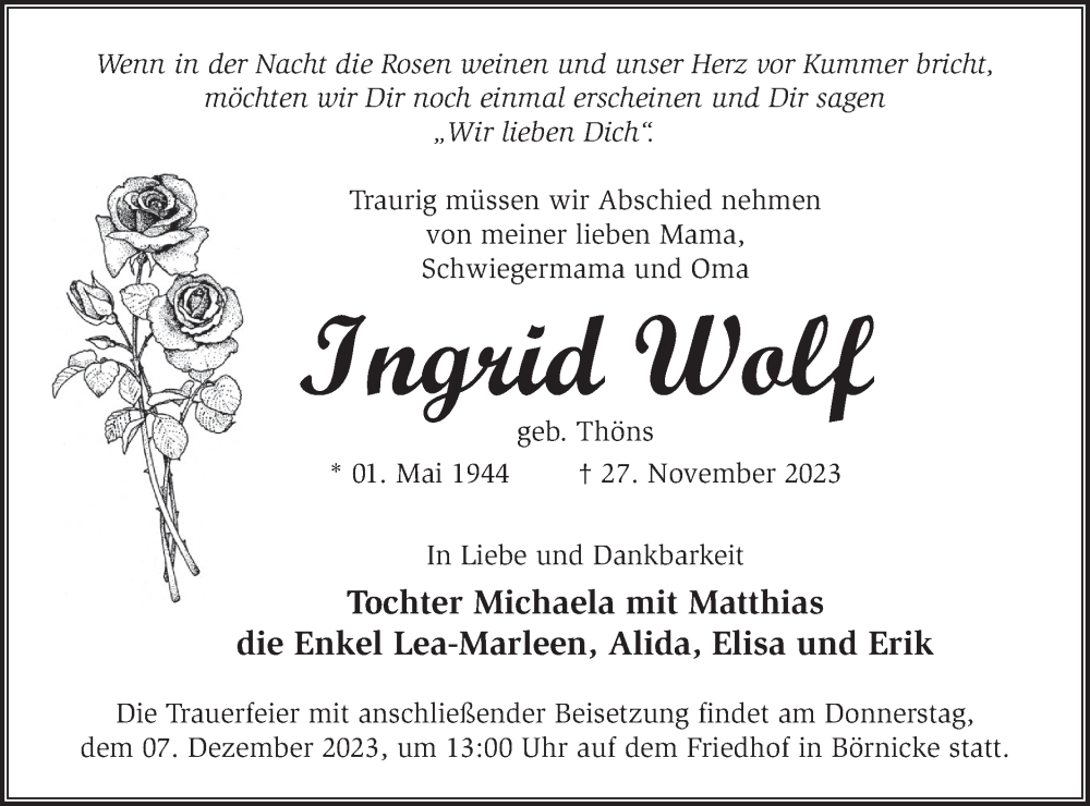  Traueranzeige für Ingrid Wolf vom 02.12.2023 aus Märkische Oderzeitung