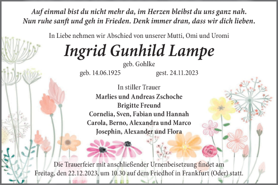 Traueranzeige von Ingrid Gunhild Lampe von Märkische Oderzeitung