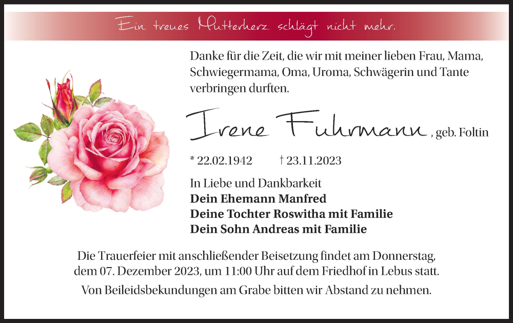  Traueranzeige für Irene Fuhrmann vom 02.12.2023 aus Märkische Oderzeitung