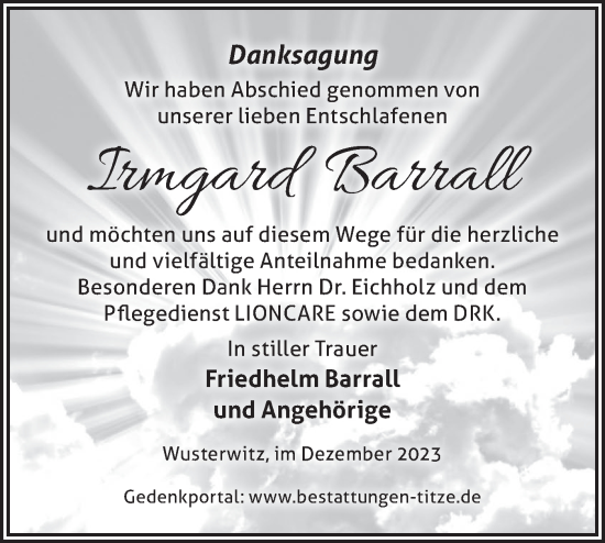 Traueranzeige von Irmgard Barrall von Märkische Oderzeitung