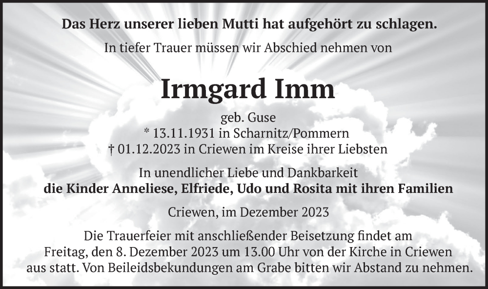  Traueranzeige für Irmgard Imm vom 06.12.2023 aus Märkische Oderzeitung