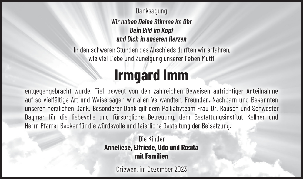  Traueranzeige für Irmgard Imm vom 23.12.2023 aus Märkische Oderzeitung
