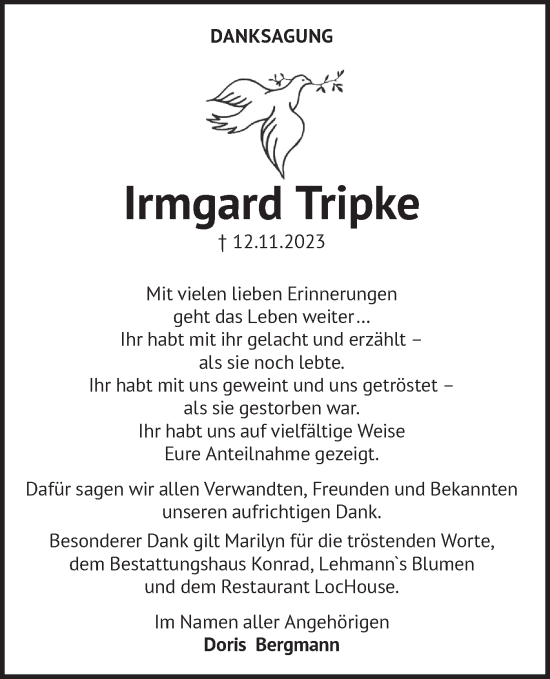 Traueranzeige von Irmgard Tripke von Märkische Oderzeitung