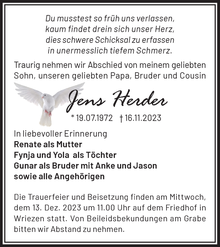  Traueranzeige für Jens Herder  vom 02.12.2023 aus Märkische Oderzeitung