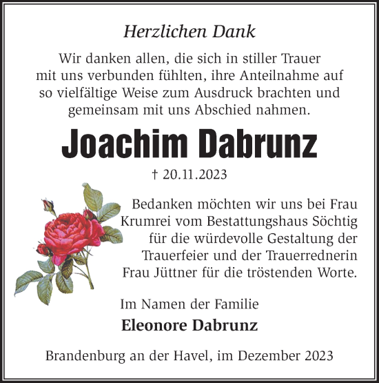 Traueranzeige von Joachim Dabrunz von Märkische Oderzeitung