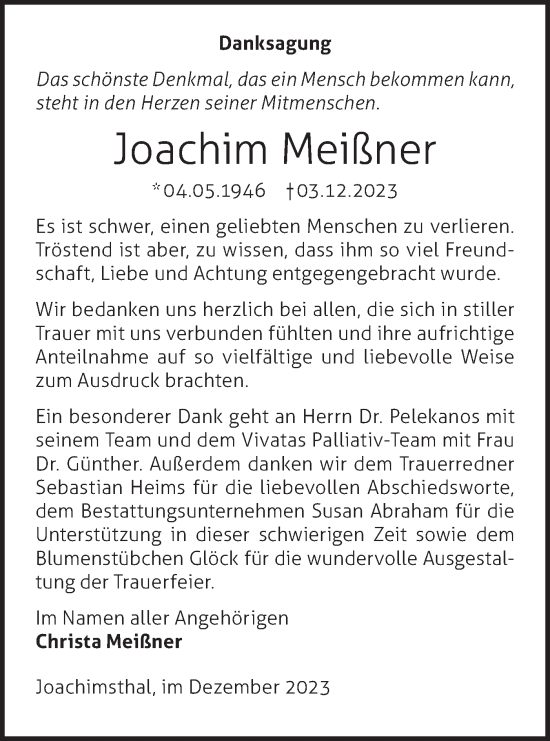 Traueranzeige von Joachim Meißner von Märkische Oderzeitung