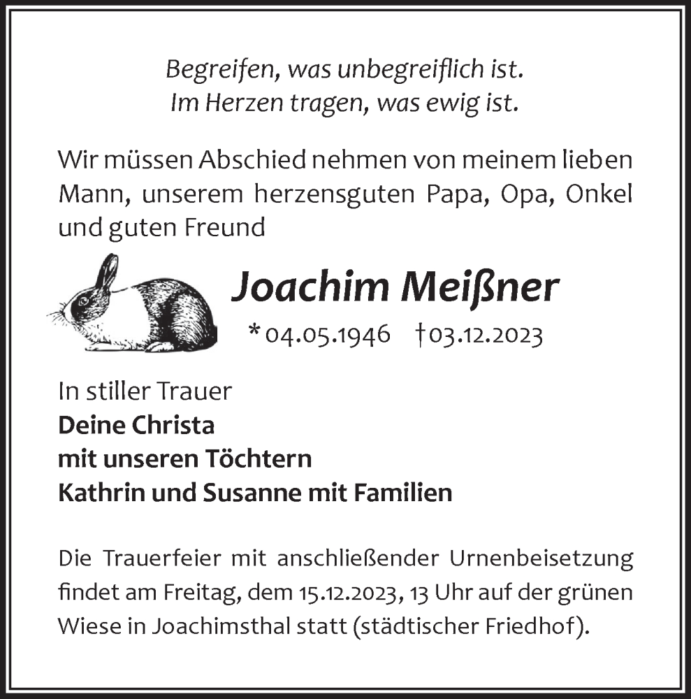  Traueranzeige für Joachim Meißner vom 08.12.2023 aus Märkische Oderzeitung