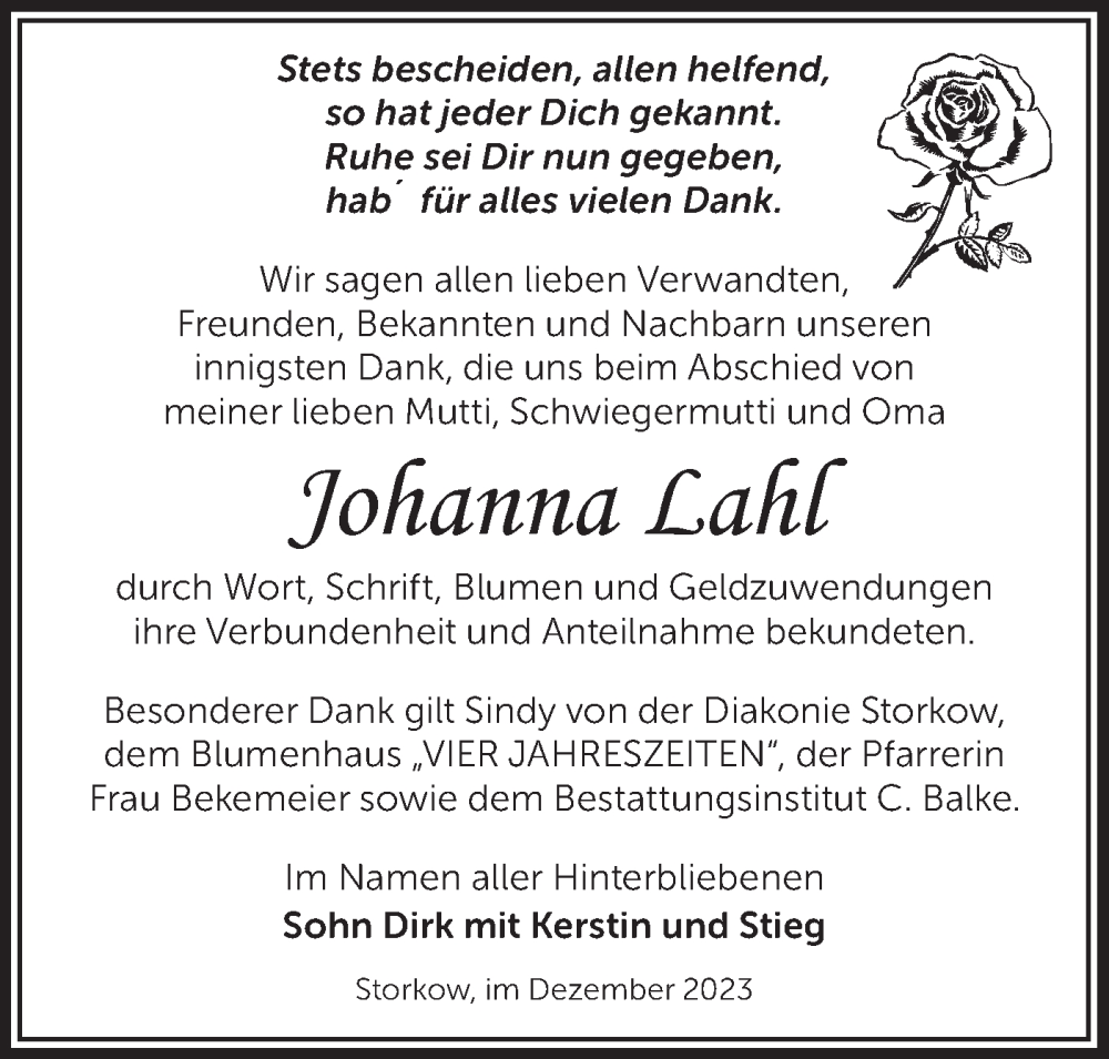  Traueranzeige für Johanna Lahl vom 16.12.2023 aus Märkische Oderzeitung