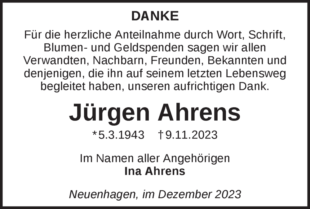  Traueranzeige für Jürgen Ahrens vom 23.12.2023 aus Märkische Oderzeitung