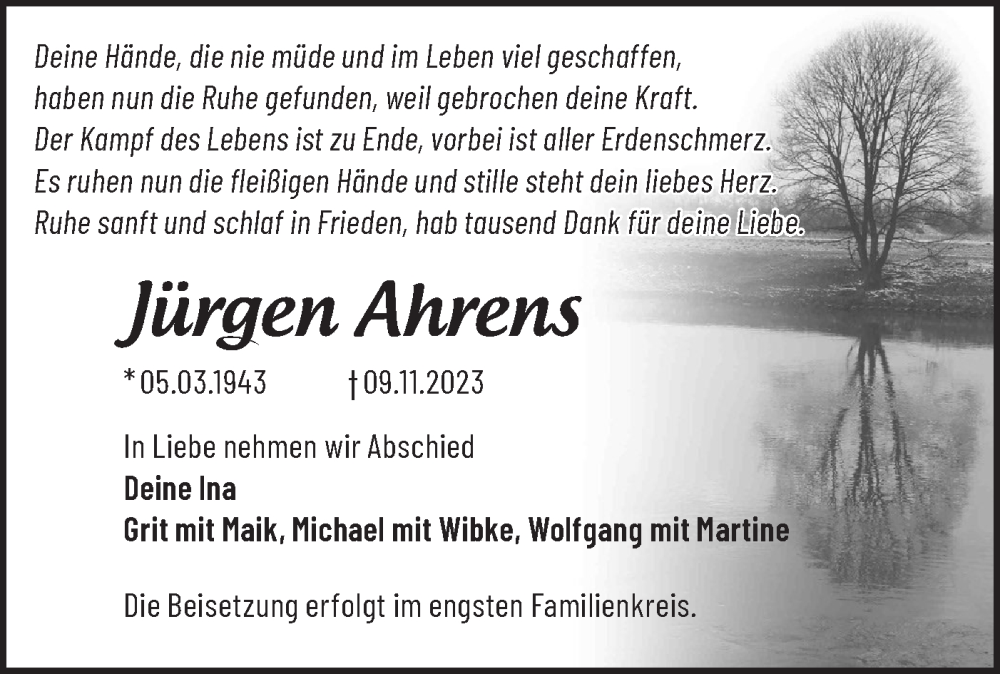  Traueranzeige für Jürgen Ahrens vom 01.12.2023 aus Märkische Oderzeitung