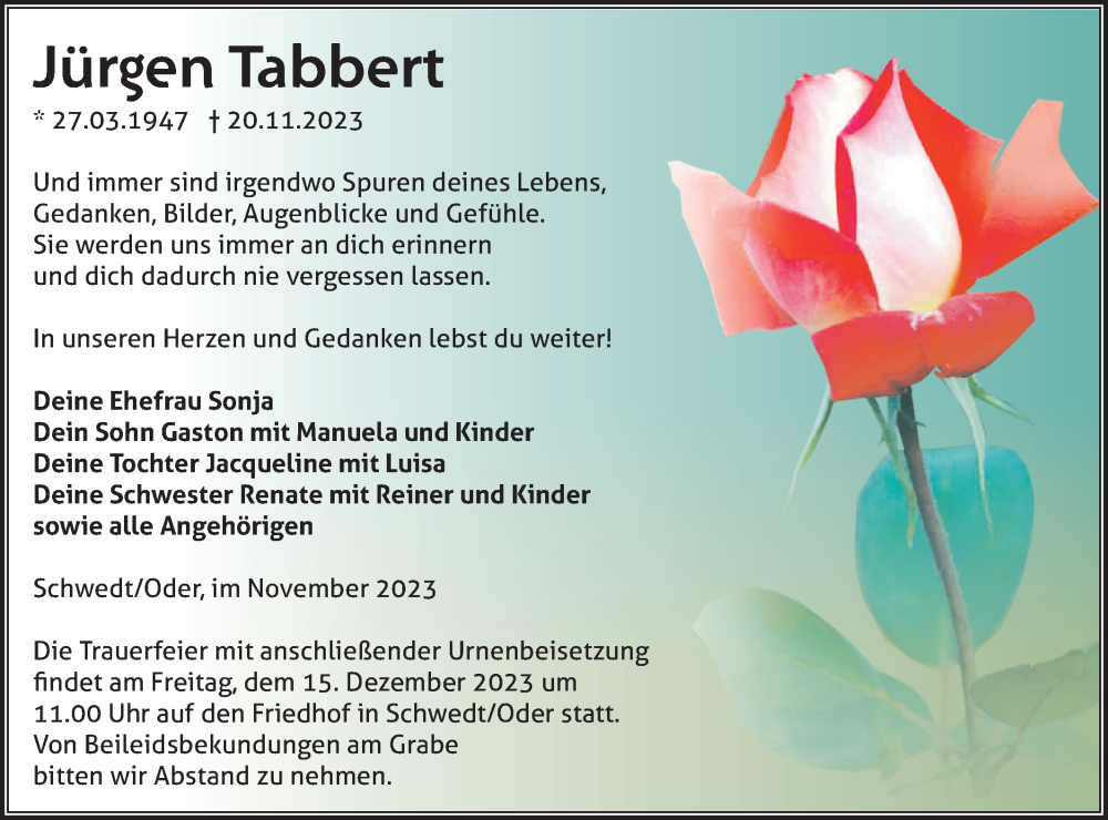  Traueranzeige für Jürgen Tabbert vom 02.12.2023 aus Märkische Oderzeitung
